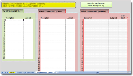 SimpleBudget Spreadsheet - Click to Enlarge