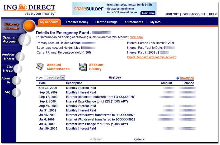 Does ING Direct list contact information on the home page of its website?