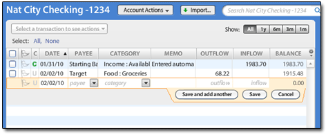 YNAB 3 Register Entry - Click to Enlarge