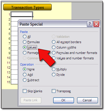 Select VALUES to paste only cell values.