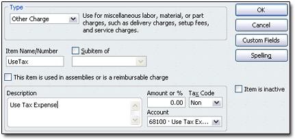 Set Up 'UseTaxExp' Other Charge Item