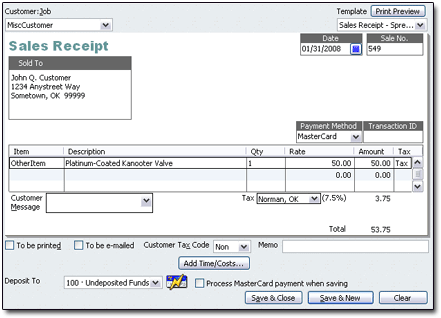 Quickbooks Sales Receipt