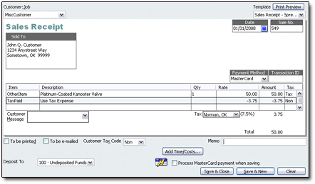 Quickbooks Sales Receipt w/Sales Tax Item Entered