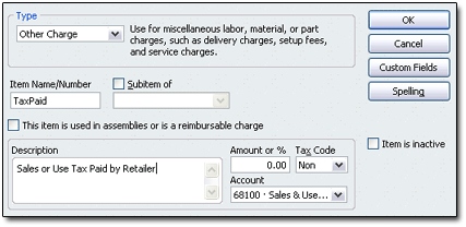 Set Up 'Sales Tax' Other Charge Item
