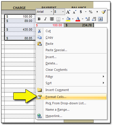 Right-click your selection; choose FORMAT CELLS...