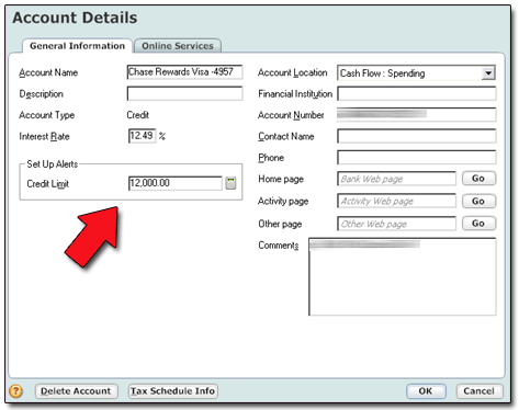 Quicken Account Editing Window