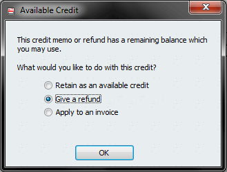 QB Dialog: Credit Memo Action