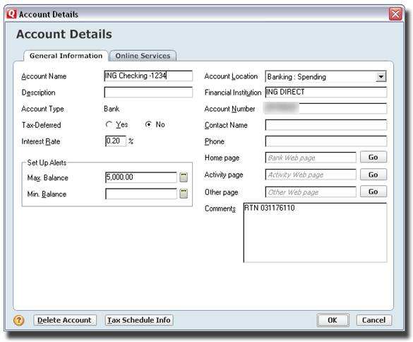 Quicken 'Account Details' Window