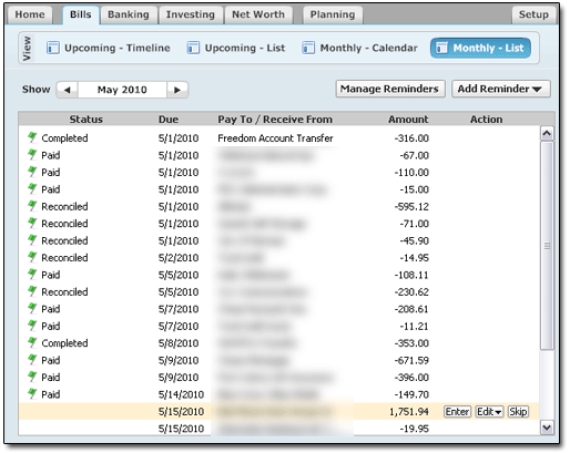 Quicken BILLS Screen